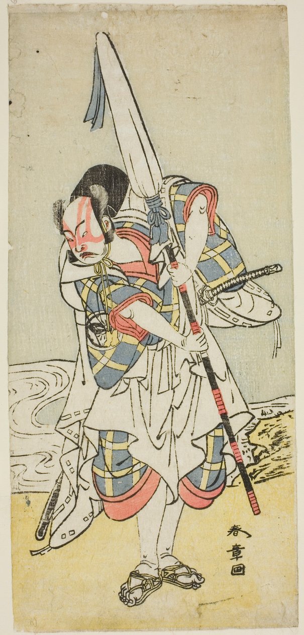 1773 年 11 月在森田剧场上演的话剧 "Onna Aruji Hatsuyuki no Sekai "中饰演伪装成王公贵族仆人的朝原八郎的演员 Nakamura Juzo II。 作者 胜川俊章