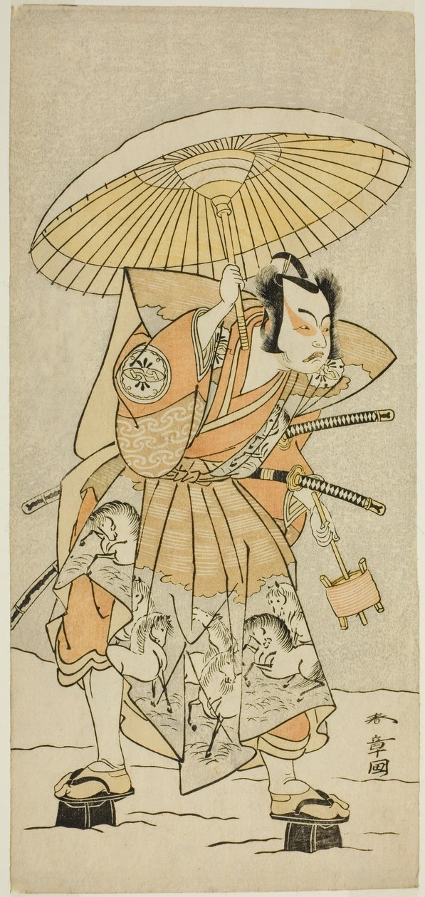 1772 年 11 月在森田剧场演出的《伊豆五代目柴之干支》中饰演梶原元太鹿儿木的演员中村朱藏二世 作者 胜川俊章