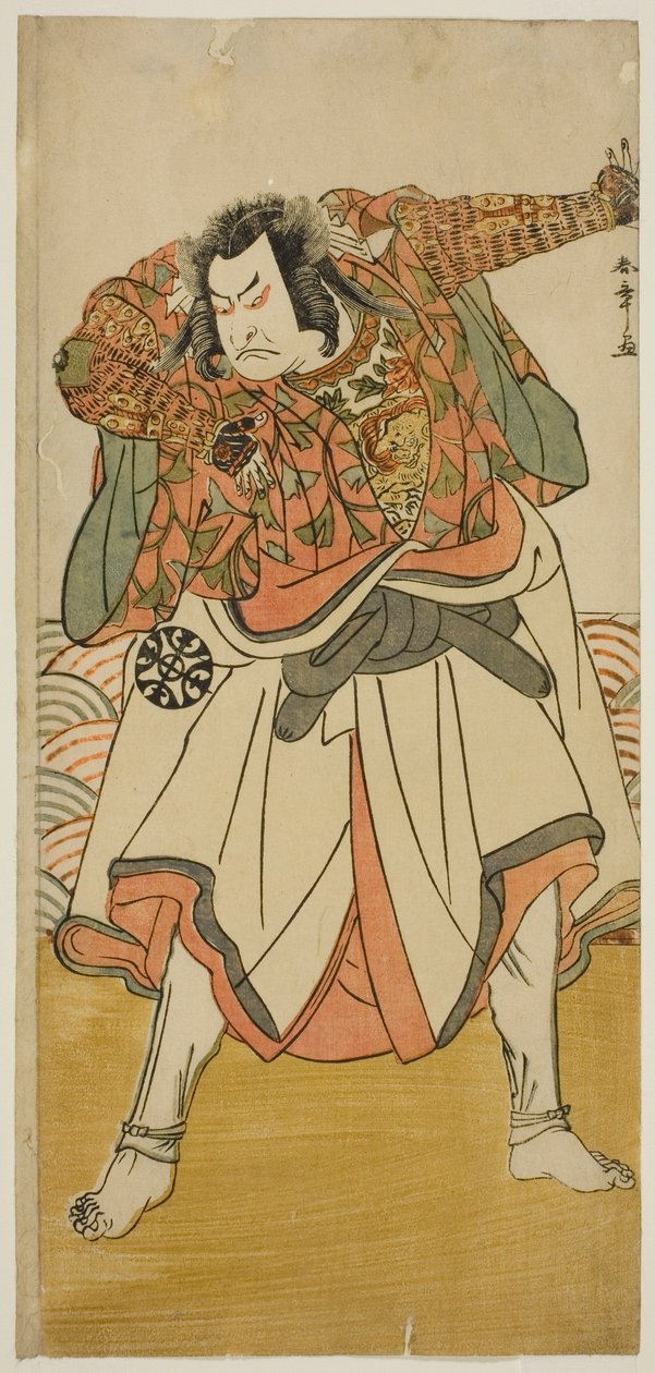 1780 年 11 月在中村剧场演出的《Kitekaeru Nishiki no Wakayaka》一剧中饰演伪装成苦行僧的钦则八郎玉友的演员中村中藏一世 作者 胜川俊章