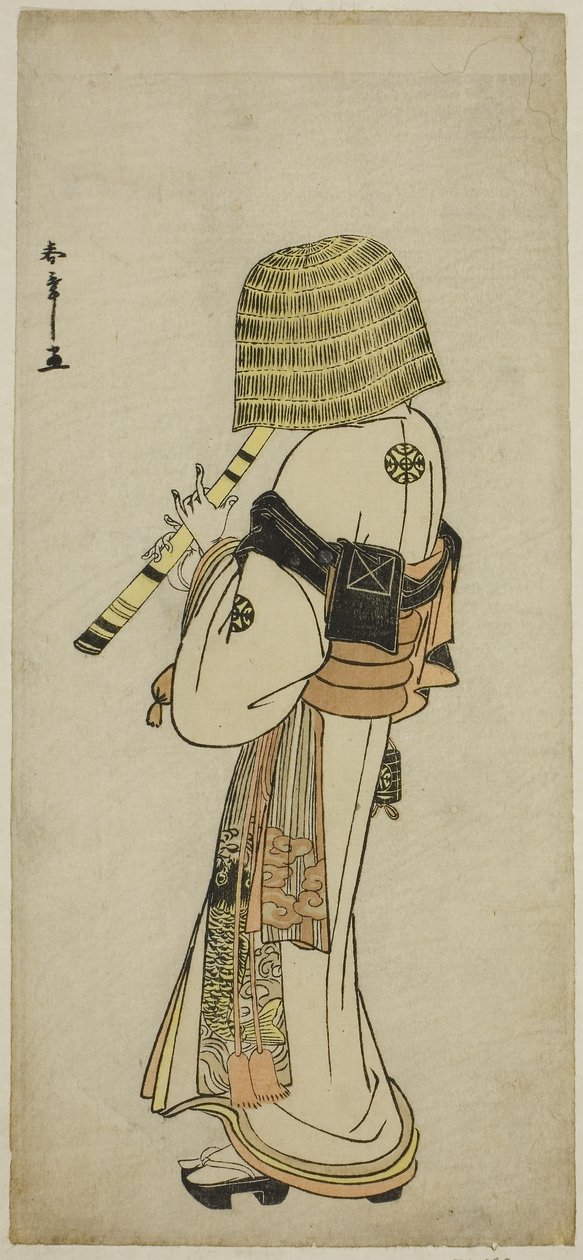 演员 Nakamura Nakazo I 在戏剧 Kanadehon Chushingura 中饰演身着 Komuso 服装的 Kakokawa Honzo，c.1783（彩色木版画；hosoban） 作者 胜川俊章