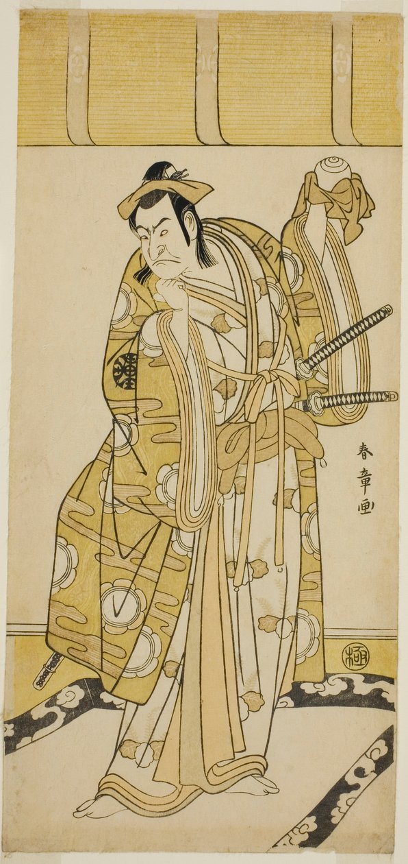 1783 年 11 月在市村剧场演出的戏剧《栗沼狩佃之贡拜》中饰演长尾辉虎的演员中村仲三（Nakamura Nakazo I）。 作者 胜川俊章