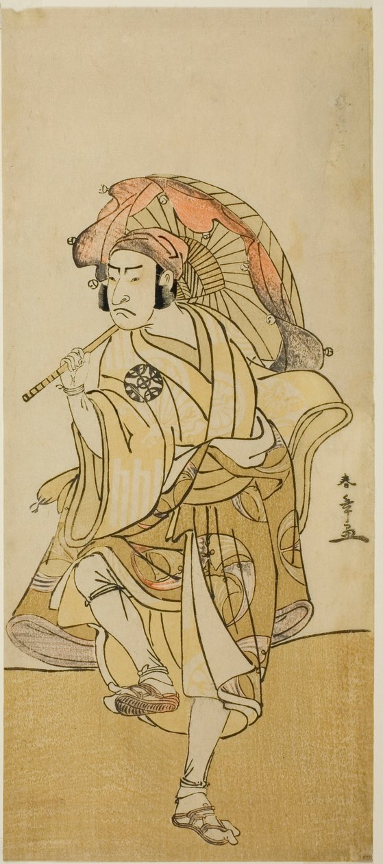 1777 年 11 月在市村剧场演出的剧目《Chigo Torii Tobiiri Kitsune》中饰演伪装成狮子舞者角兵卫的御马屋姬桑达的演员中村中藏一世 作者 胜川俊章