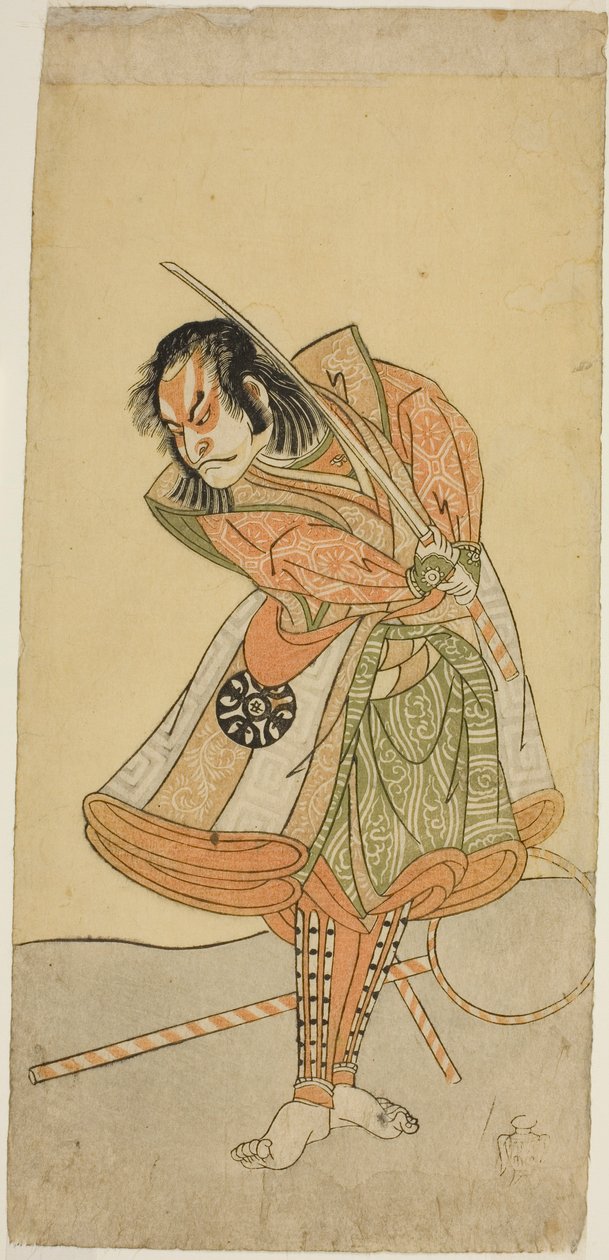 1769 年正月在中村剧场演出的《曾我莫言之爱吾若松》中饰演手冢太郎三森的演员中村中藏一世，伪装成驯猴师砺吉枥兵卫。 作者 胜川俊章