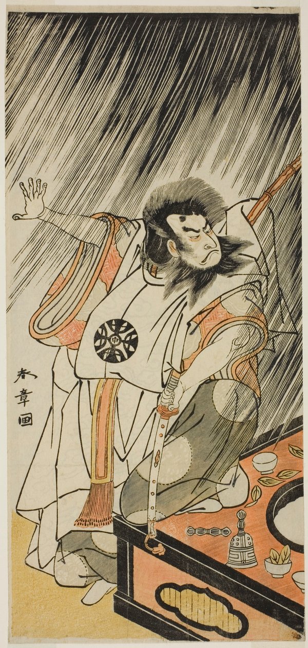 演员中村仲三（Nakamura Nakazo I）在 "Iro Moyo Aoyagi Soga"（《艳情设计的绿柳 Soga》）一剧第一部分中饰演邪臣，可能是高仓天皇的私生子高仁亲王，伪装成麻生之松花，在 "Iro Moyo Aoyagi Soga"（《艳情设计的绿柳 Soga》）演出。 作者 胜川俊章