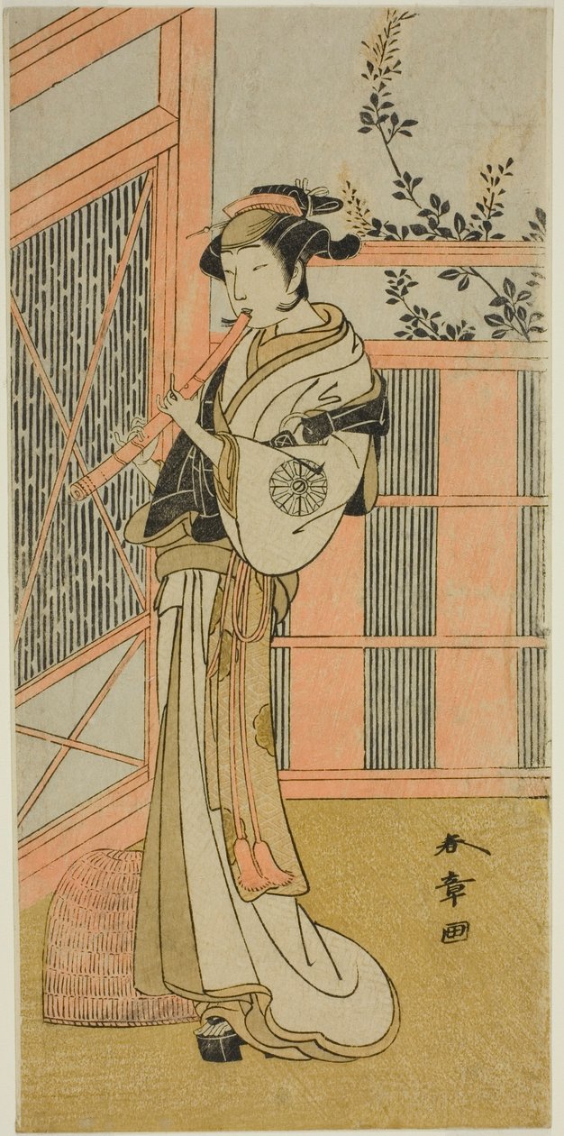 1772年2月在森田剧场上演的戏剧 "Kosode-gura no Tekubari "中，饰演伪装成驹子的美佐的演员中村野志雄（Nakamura Noshio I）（？ 作者 胜川俊章