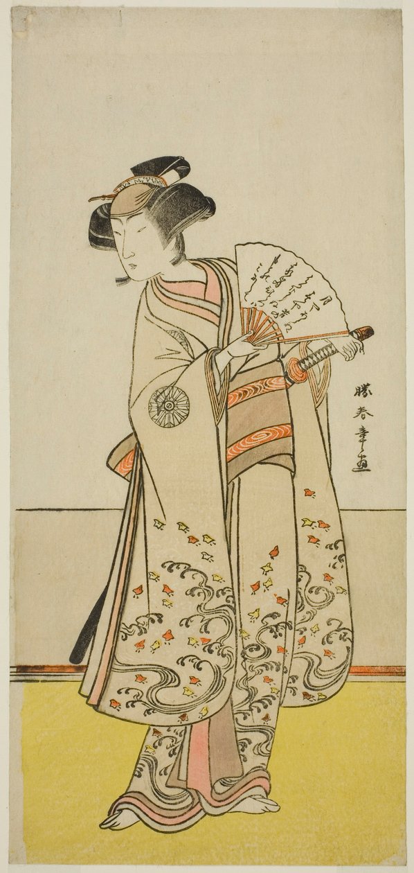 1775 年正月在森田剧场（？）上演的《志田由栗社贺来曾我》中饰演大矶之鸟的演员中村能代（？ 作者 胜川俊章