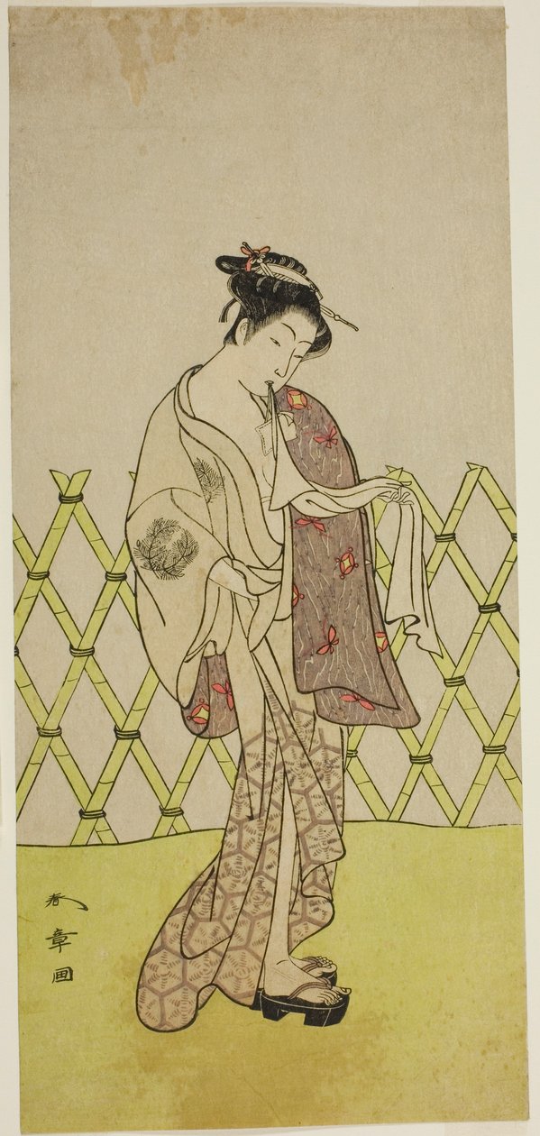1773 年 8 月在市村剧场演出的话剧《四天王寺登美人》中饰演博多小十郎的演员中村理子一世（？ 作者 胜川俊章