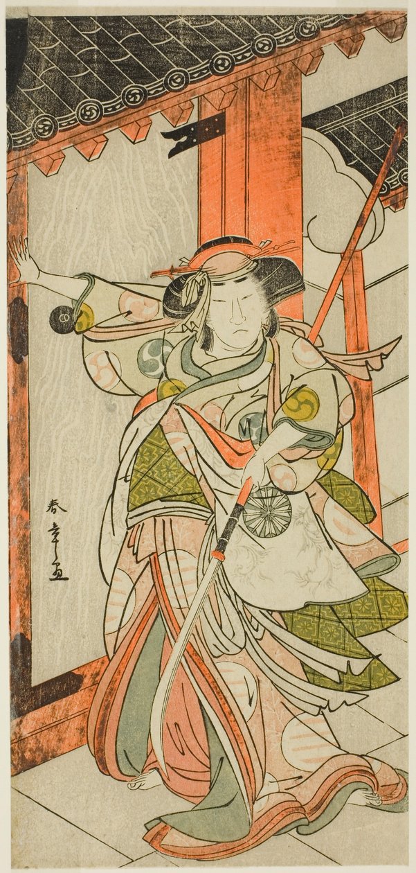1777 年七月二十五日起在中村剧场演出的《和田冲突：一个女人的 "舞鹤"》（Wada-gassen Onna Maizuru）一剧中饰演 Hangaku Gozen 的演员中村富十郎一世攻破城门的场景 作者 胜川俊章