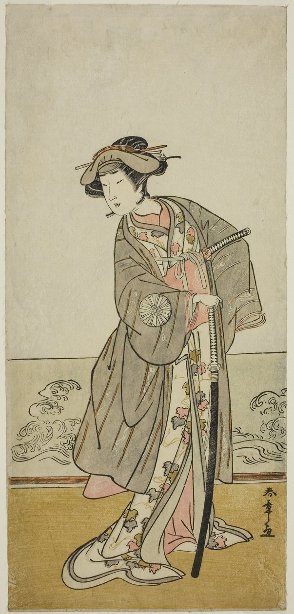 演员中村富十郎在七月中村剧院演出的戏剧《和田合战女舞鹤》中饰演半库夫人（半库御前），约 1777 年（彩色木版画；细版） 作者 胜川俊章