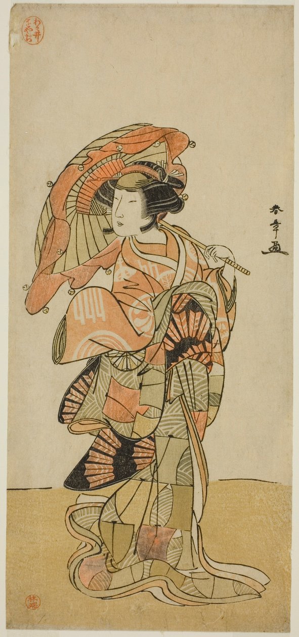 1777 年 11 月在市村剧场上演的话剧 "Chigo Torii Tobiiri Kitsune "中饰演乌巴嘎达岳山雌狐的演员中村富十郎一世 作者 胜川俊章