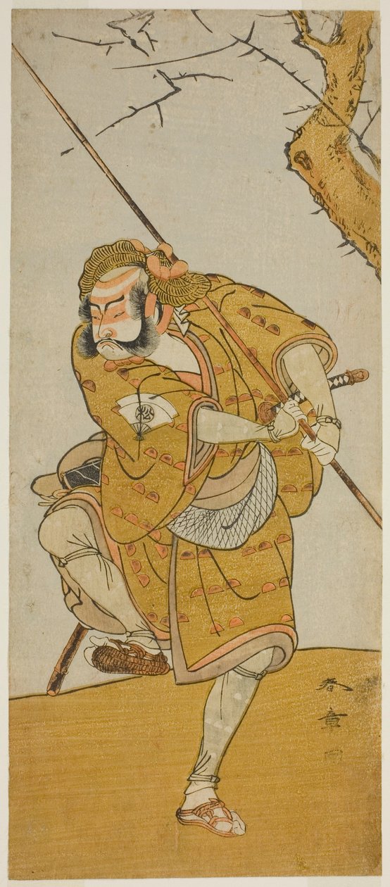 1773 年三月在市村剧场演出的《江户之春 Meisho Soga》一剧中小林朝比奈伪装成捕鸟人的演员小野松介一世 作者 胜川俊章
