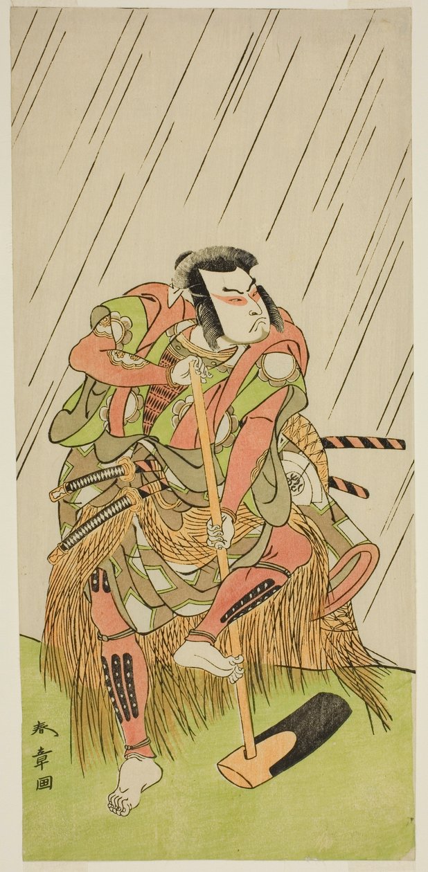 1773年8月在市村剧场演出的话剧《四天王寺登美人》中饰演伪装成农夫达达之子的中见胜美的演员小野江松介一世 作者 胜川俊章