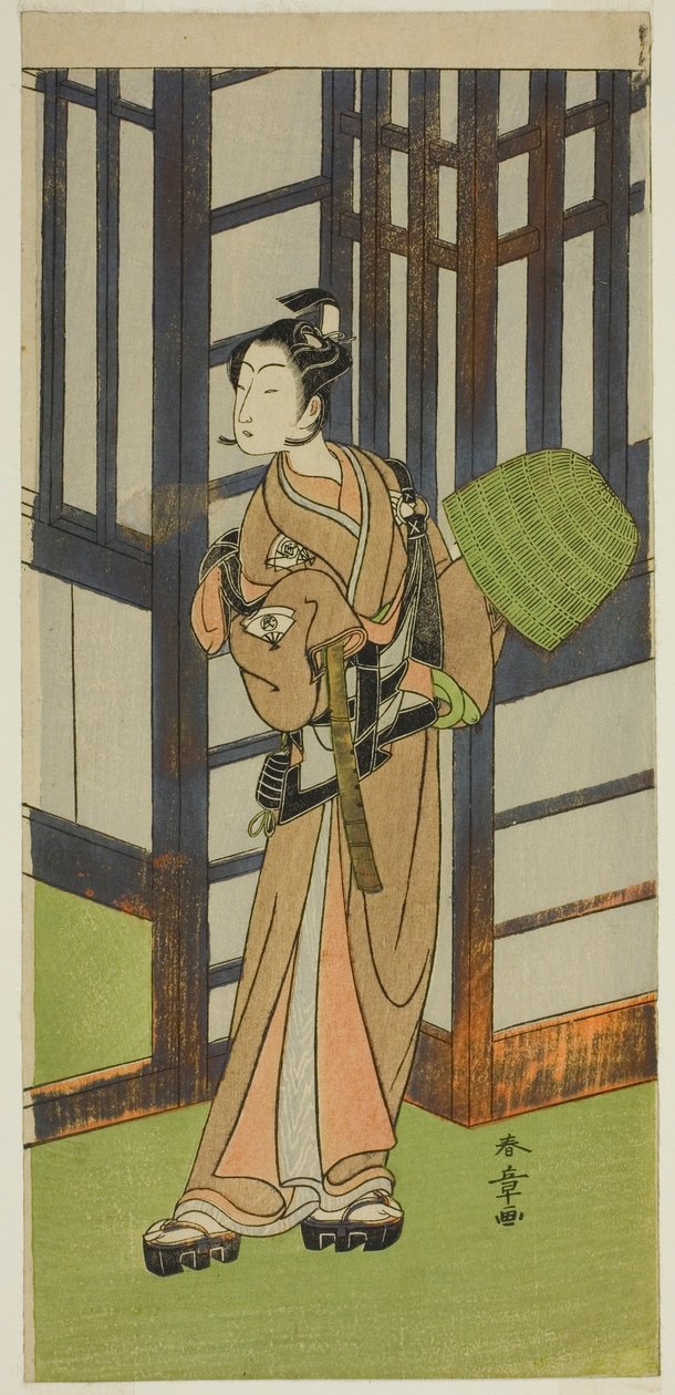 1772年2月在市村剧场演出的《如月曾我》（Furisode Kisaragi Soga）一剧中扮作小武藏的演员小野江玉藏一世（Onoe Tamizo I as Kewaizaka no Shosho Disguading as a Komuso）。 作者 胜川俊章