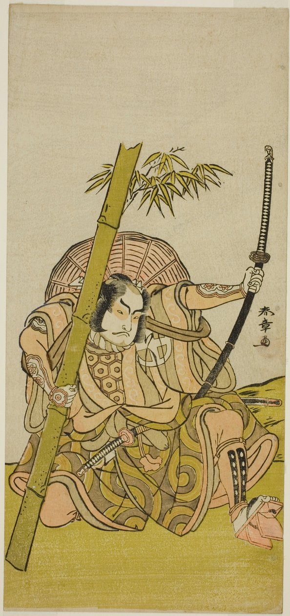 1779 年 11 月在市村剧场演出的《东之森坂江草之木》中饰演侍卫栗左卫门赖方的演员大谷弘治三世 作者 胜川俊章