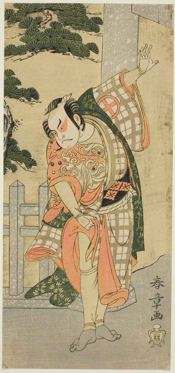 在神社门前摆出舞台姿势的演员大谷弘治三世（三重 作者 胜川俊章