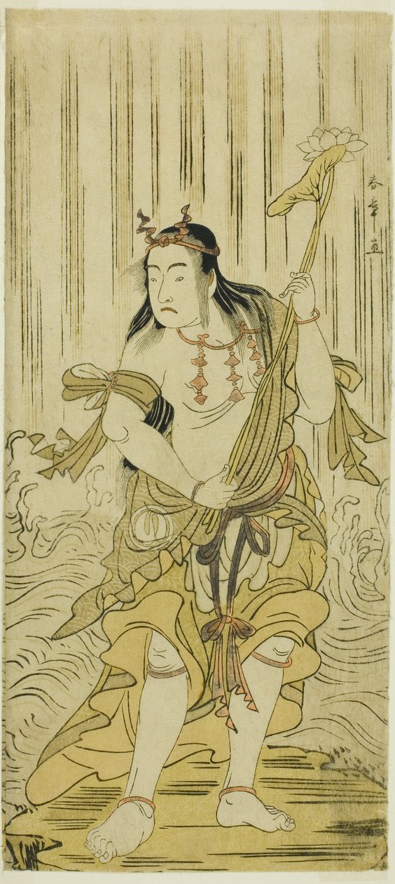 1780 年 11 月在中村剧场演出的《西木若鹰》（Kitekaeru Nishiki no Wakayaka）一剧中饰演孔原道司的演员泽村宗十郎三世 作者 胜川俊章