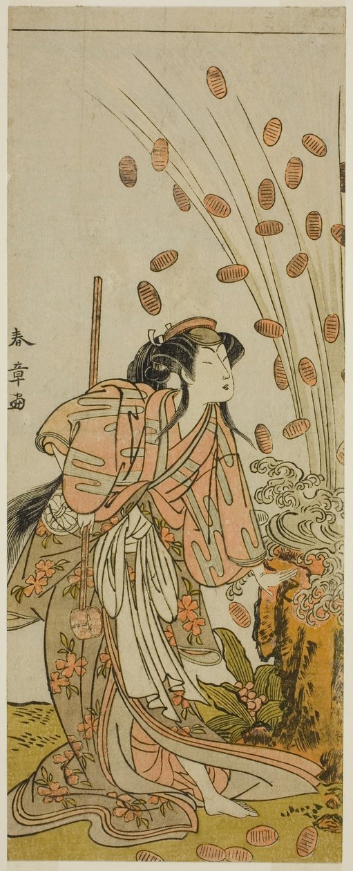 1775年3月在市村剧场演出的话剧《栗华之花胜木之金》中饰演伪装成歌妓千代崎的日藤丸的演员濑川菊之条三世 作者 胜川俊章