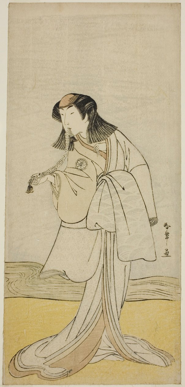 1780 年二月在市村剧院演出的戏剧《Ume-goyomi Akebono Soga》中饰演三浦之片盖的演员濑川菊之条三世（Segawa Kikunojo III as Miura no Katagai Disuigsed as the Nun Narukami）。 作者 胜川俊章