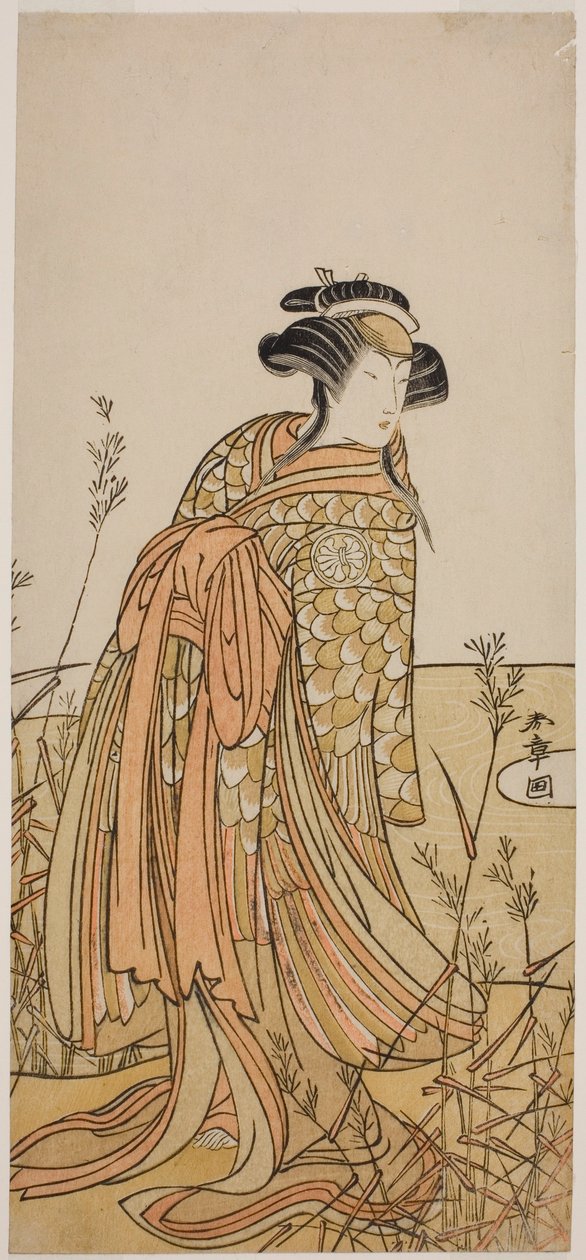 1775 年 11 月在中村剧场演出的《花灯源氏喜姬》中饰演鸳鸯精（Oshidori）的演员濑川菊之条三世（1775 年 11 月在中村剧场演出的《花灯源氏喜姬》中饰演鸳鸯精（Oshidori））。 作者 胜川俊章