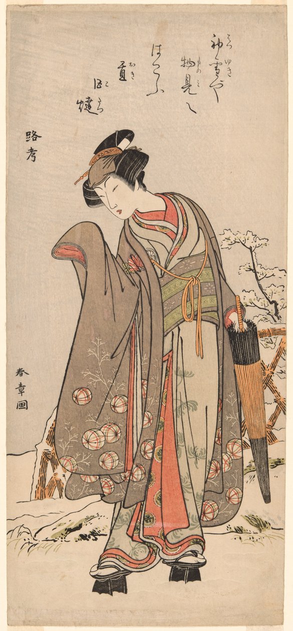 私生活中的演员濑川菊之三，站在白雪覆盖的花园中 作者 胜川俊章