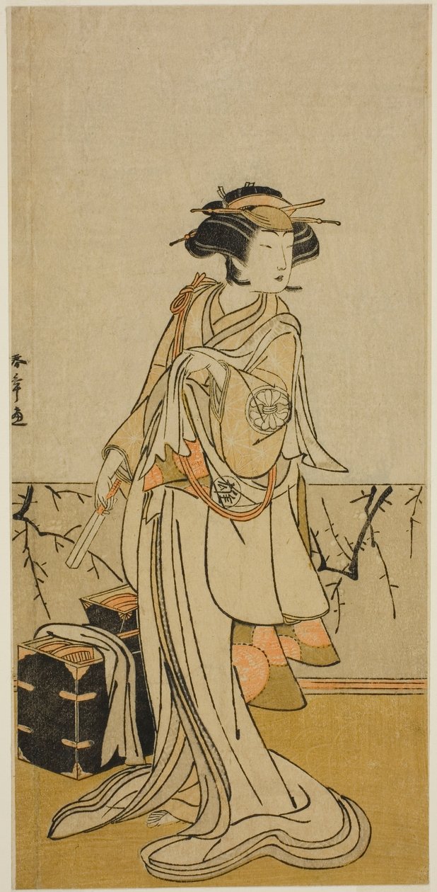 1776 年正月在市村剧场演出的戏剧《Kamuri Kotoba Soga no Yukari》中饰演女发型师大斋的演员濑川雄二郎（Segawa Yujiro I 作者 胜川俊章