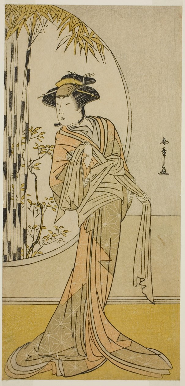 1779 年 8 月在盛田剧院演出的戏剧《金德本中兴村》中饰演冈春的演员常代二世 作者 胜川俊章