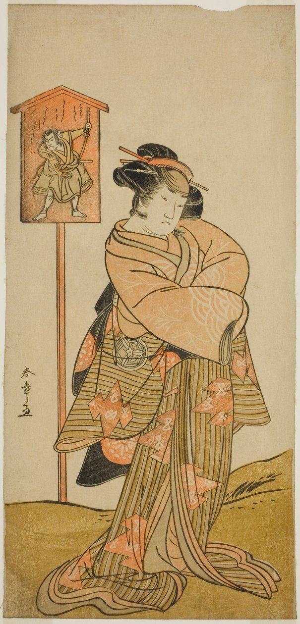 1780 年正月在中村剧场（？）演出的《初音鹤娃曾我》（？）中饰演万子夫人的演员山下金作二世（？ 作者 胜川俊章