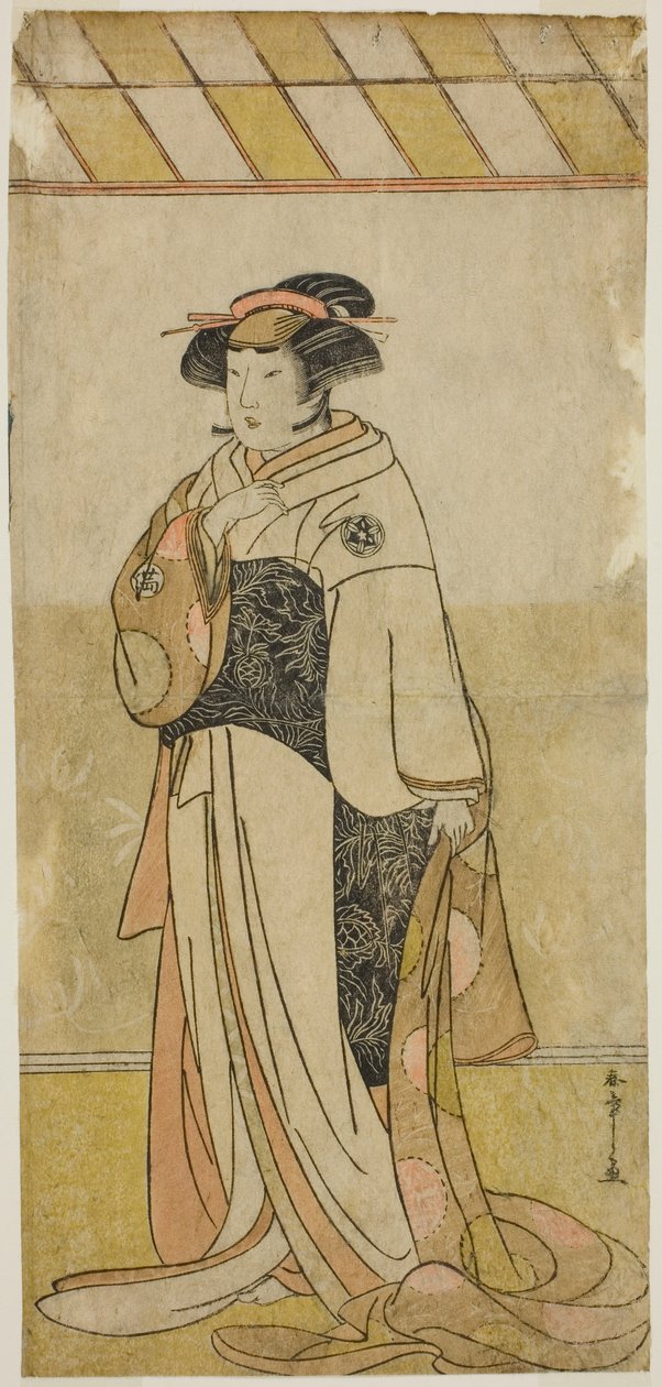 1780 年正月在中村剧场上演的《初音鹤娃曾我》中饰演万子夫人（万子五贤）的演员山下金作二世 作者 胜川俊章
