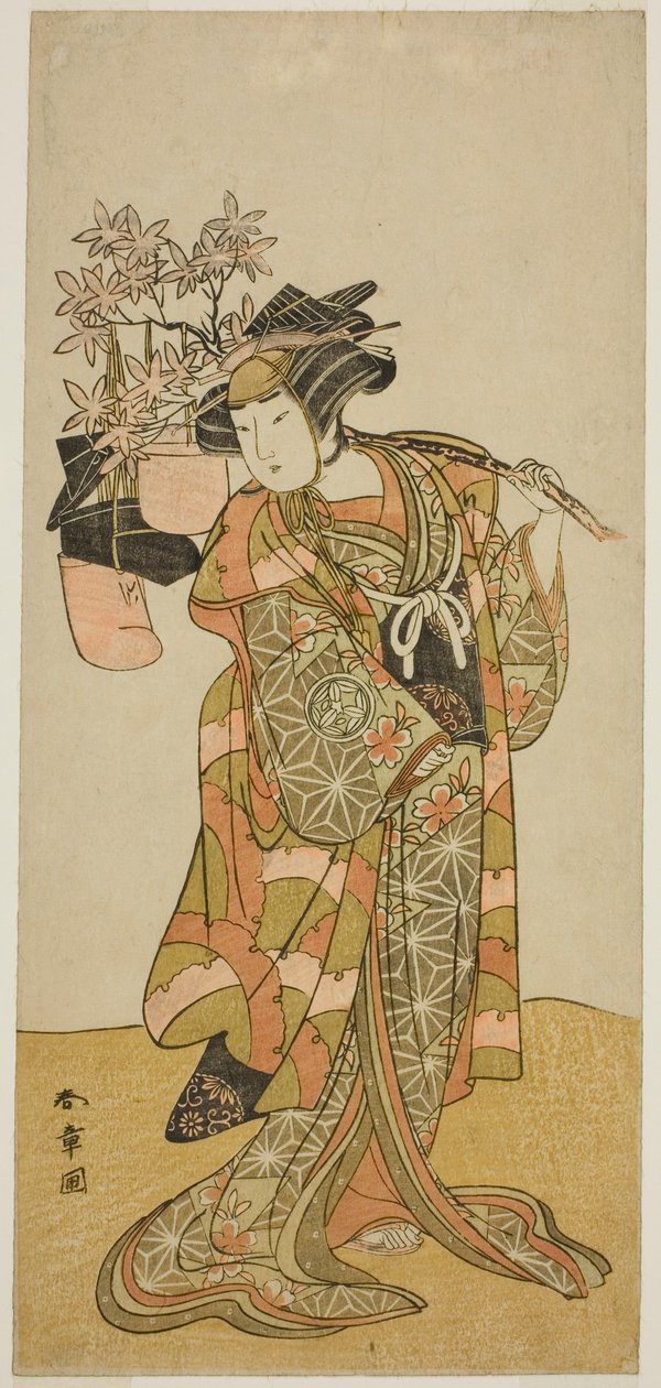 1775 年 11 月在中村剧场演出的话剧《花灯源氏日木》中饰演卖帽子的小大的演员山下金作二世 作者 胜川俊章