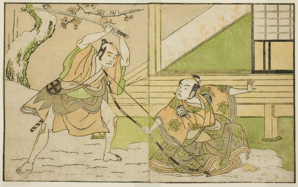 1771 年 11 月在市村剧场演出的话剧《近卫花之八之纪》中饰演北条时赖（右）的岚三郎二世和饰演古贺三郎（左）的大谷弘治三世 作者 胜川俊章