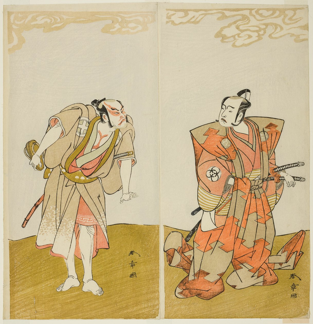 演员 Bando Mitsugoro I 饰演畑之川胜（右），Otani Hiroemon III 饰演男仆（Yakko）Gansuke（左），在森田剧场演出的话剧《Miya-bashira Iwao no Butai》（《石柱上的神社》）中饰演畑之川胜（右），Otani Hiroemon III 饰演男仆（Yakko）Gansuke（左）。 作者 胜川俊章