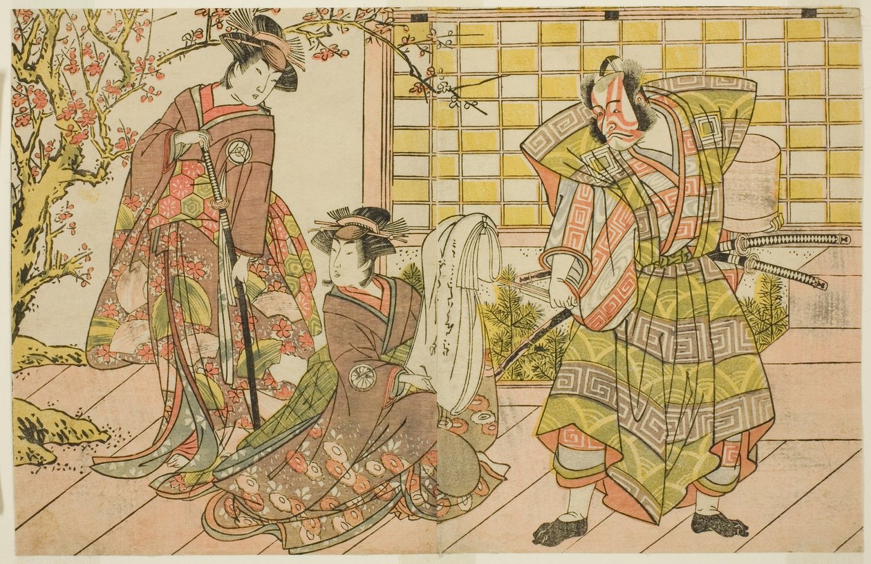 市川团十郎五世饰演三浦国泰（右）、濑川菊之条三世饰演安方（中）、岩井半四郎四世饰演宇都（左），1782 年 11 月在中村剧场演出的剧目《五代源氏三杉之恋》。 作者 胜川俊章