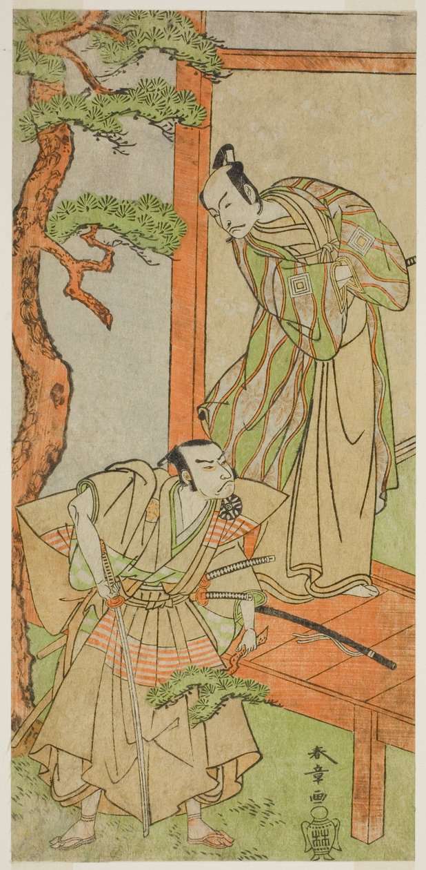 1771 年五月在中村剧场演出的戏剧《金德本中村》中饰演桃之井若三之助的演员市川团十郎五世（右）和饰演加古川本藏的中村中藏一世（左）。 作者 胜川俊章