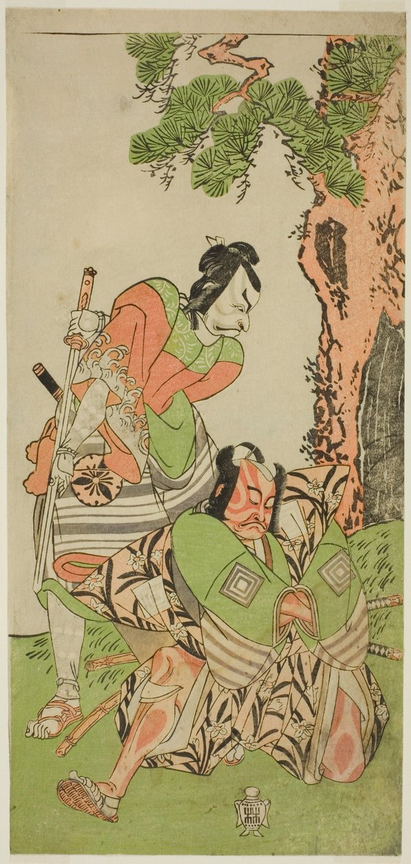 1770 年 11 月在中村剧场上演的《鵺之森一叶之马托》中饰演一之早田忠三（右）的演员市川团藏三世和饰演伪装成八杉左卫门的大和田之太郎景宗（左）的松本幸四郎二世 作者 胜川俊章