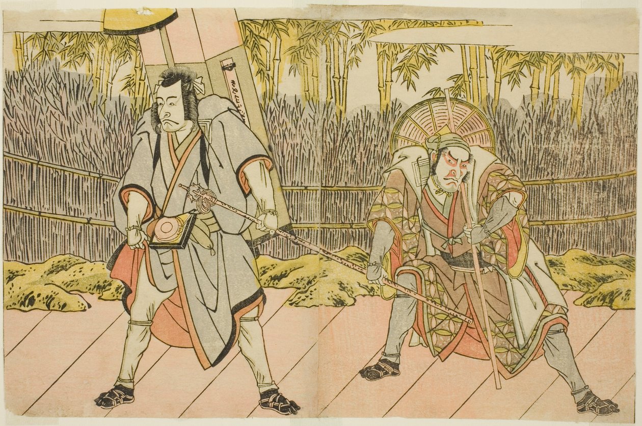 市川团藏四世饰演伪装成轿夫太郎兵卫的荒川太郎武田（右）和市川团十郎五世饰演伪装成朝圣者栗谷川次郎达裕的阿部贞人（左），在 "五代源氏三杉之恋 "剧目中演出。 作者 胜川俊章
