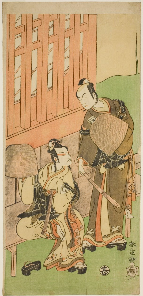 在 1771 年正月于中村剧场上演的《曾我曾我念大木》（Sakaicho Soga Nendaiki）一剧中，饰演曾我之十郎须千利（右）的演员市川驹藏二世（Ichikawa Komazo II）和饰演曾我之五郎时宗（Ichikawa Danjuro V）的演员市川团十郎五世（Ichikawa Danjuro V）身着驹藏服饰。 作者 胜川俊章