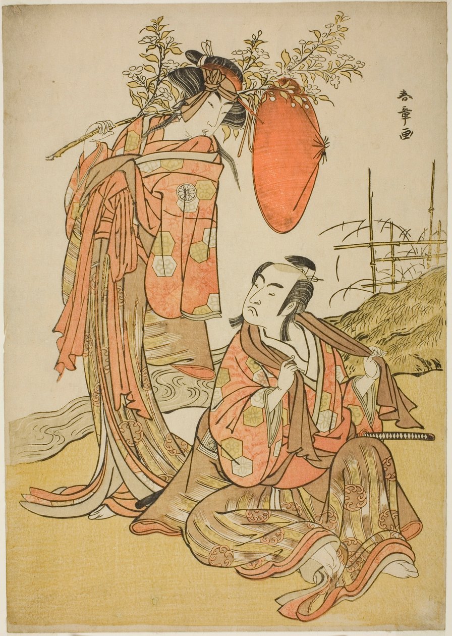 演员市川门之助二世和濑川菊之丈三世在私奔场景 "Michiyuki Hiyoku no Kiku-cho"（《私奔：菊与蝶的鸳鸯》）中饰演恋人清十郎（右）和尾津（左），该场景是《红楼梦》第二部中的一段舞蹈插曲。 作者 胜川俊章