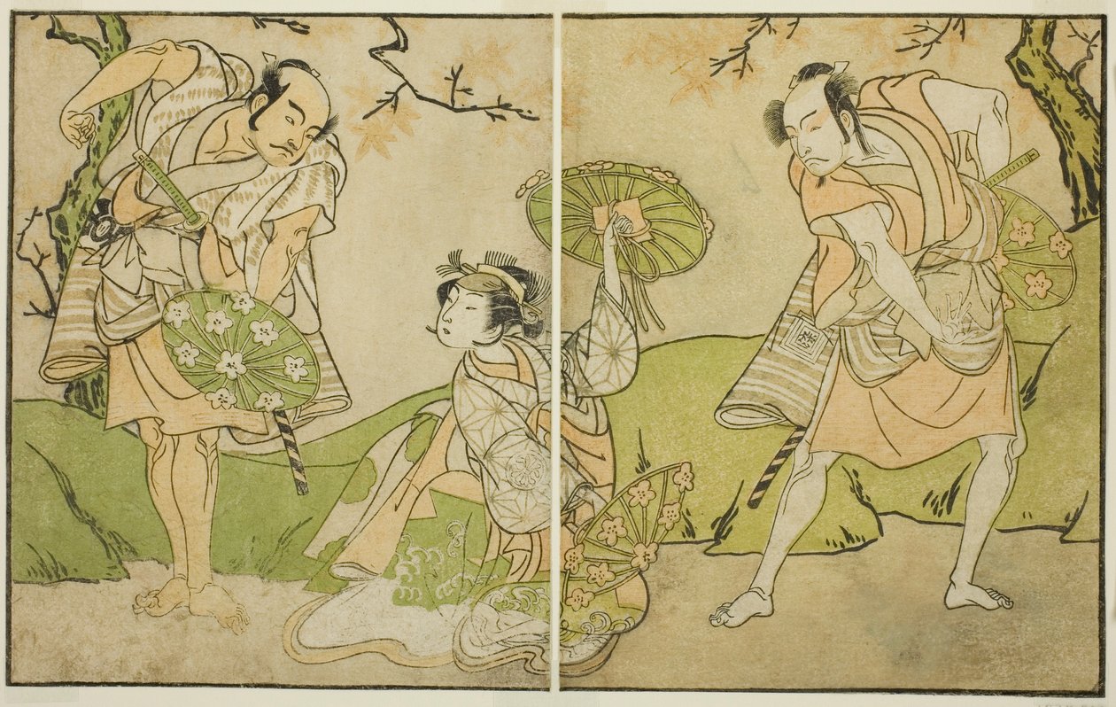 演员市川染五郎（右）、濑川菊之条二世（中）和万户三八（左），在 1770 年 11 月于市村剧场上演的话剧 "Myoto-giku Izu no Kisewata "中扮演的角色不详 作者 胜川俊章