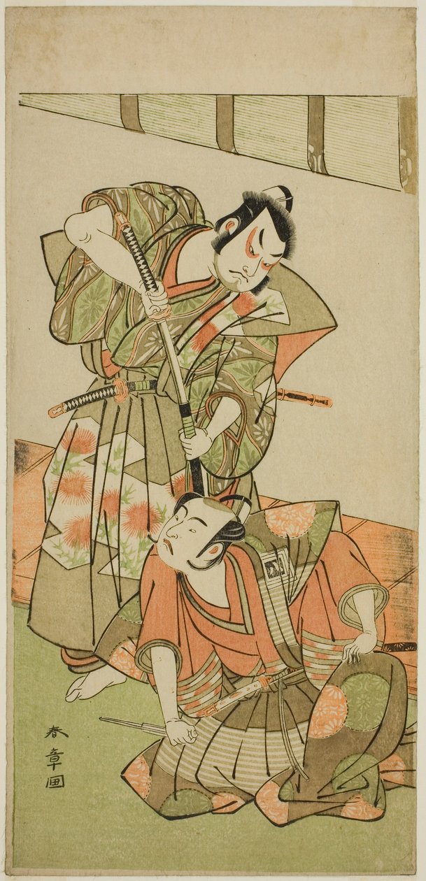 演员 Ichikawa Yaozo II 饰演 Konoshita Hyokichi（右），Sakata Hangoro II 饰演 Matsunaga Daizen Hisahide（左），在 1775 年 5 月在 Ichimura 剧院（？）演出的话剧 Gion Sairei Shinko Ki（？ 作者 胜川俊章