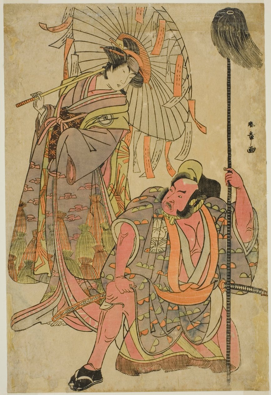 演员 Ichimura Uzaemon IX 饰演伪装成 Yakko Matahei（右）的畠山大仙泷虎，Iwai Hanshiro IV 饰演伪装成吟诗者 Omatsu（左）的 Umegae，剧目 Mukashi Otoko Yuki no Hinagata 于 2011 年在 Ichimura 剧院上演。 作者 胜川俊章