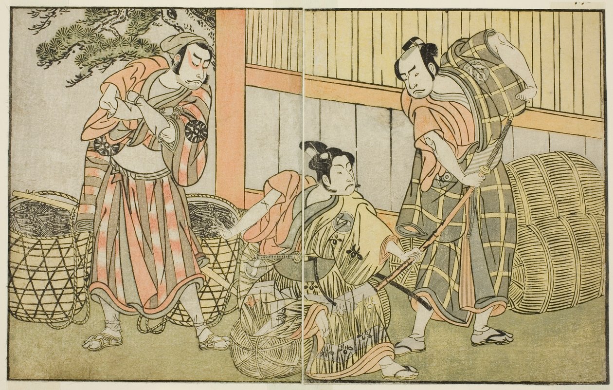 演员笠屋松九郎二世饰演羽根太郎（右）、市川梦之助二世饰演出津之助成平（中）、中村中藏一世饰演伪装成炭匠索戈罗的高濑之花冈，在中演出的剧目《国之花小野之五味寺》中 作者 胜川俊章