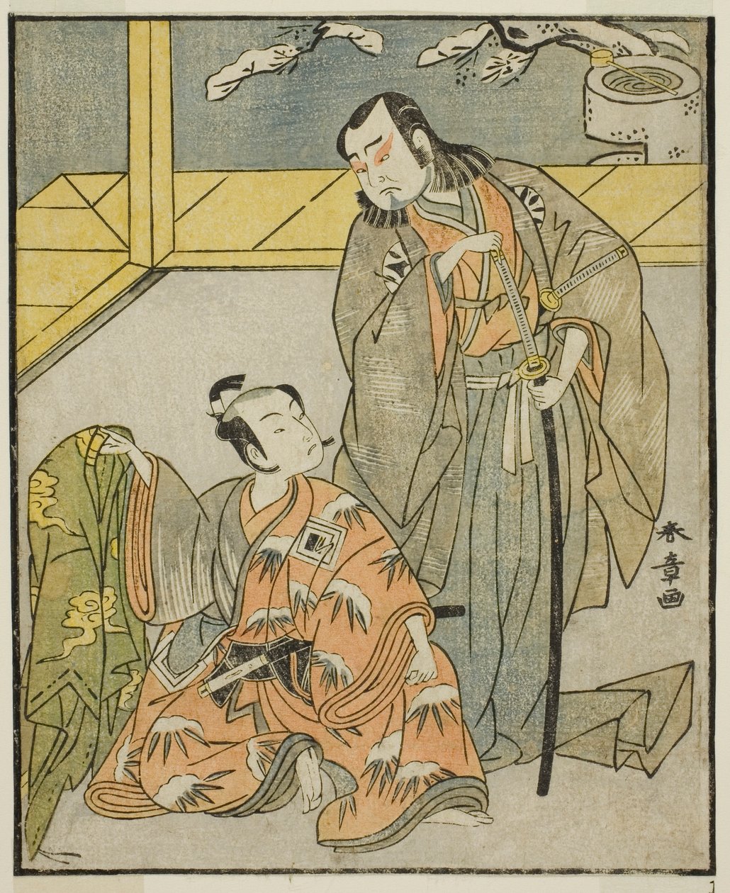 1771 年 11 月在中村剧场上演的《国之花小野之五云寺》中饰演须磨之大亮（右）的演员中村登九郎二世和饰演有原之雪平（左）的市川驹藏二世 作者 胜川俊章