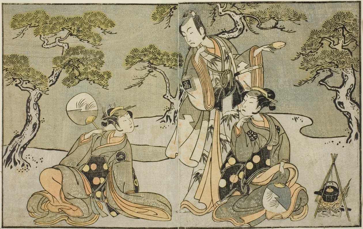 1771 年 11 月在中村剧场上演的《国之花小野之五云寺》中饰演松风（右）的演员中村仲三（Nakamura Nakazo I）、饰演有原之雪平（Ariwara no Yukihira）（中）的演员市川驹三（Ichikawa Komazo II）和饰演村目（Murasame）的演员岩井半四（Iwai Hanshiro IV）（左）。 作者 胜川俊章