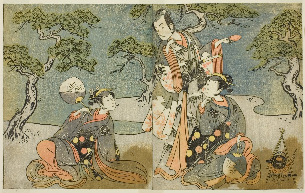 1771 年 11 月在中村剧场上演的《国之花小野之五云寺》中饰演松风（右）的演员中村仲三（Nakamura Nakazo I）、饰演有原之雪平（Ariwara no Yukihira）（中）的演员市川驹三（Ichikawa Komazo II）和饰演村目（Murasame）的演员岩井半四（Iwai Hanshiro IV）（左）。 作者 胜川俊章