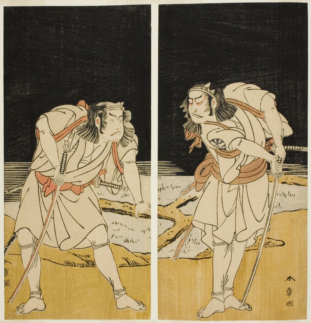 演员中村中藏一世饰演小田大美（右），大谷弘治三世饰演班巴之丘达（左），出演《曾我之雏形》第二部中的净琉璃 "Sono Chidori Yowa no Kamisuki"（《鸻：午夜梳头》）。 作者 胜川俊章