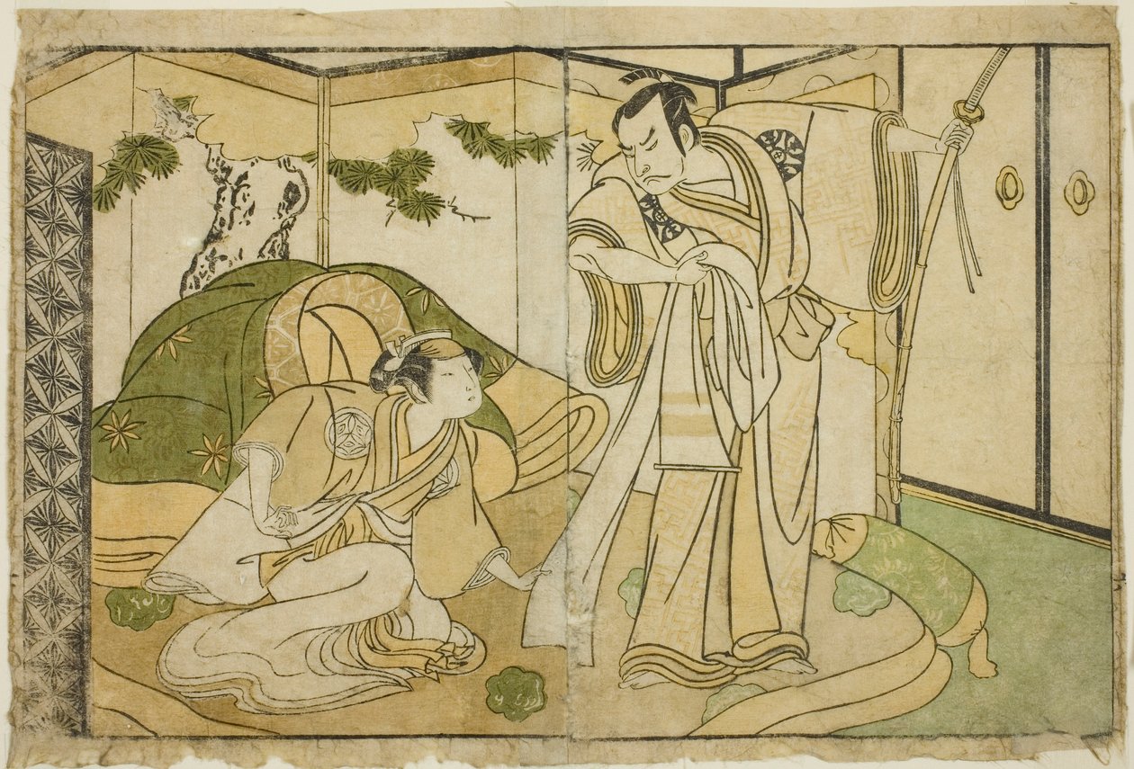 1770 年 11 月在中村剧场演出的《鵺之森一叶之和》中饰演平清盛的演员中村中藏一世（右）和饰演时和御前的山下金作二世（左）。 作者 胜川俊章