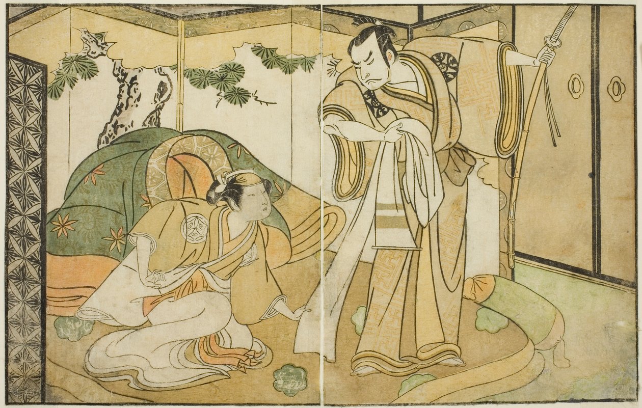 1770 年 11 月在中村剧场演出的《鵺之森一叶之和》中饰演平清盛的演员中村中藏一世（右）和饰演时和御前的山下金作二世（左）。 作者 胜川俊章