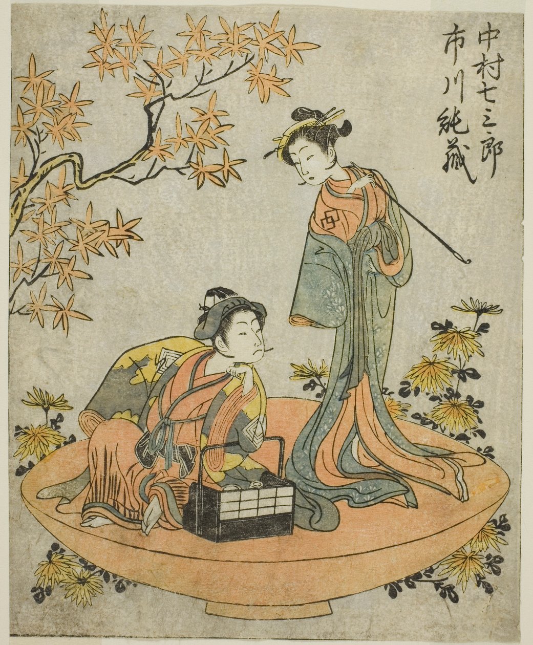 演员中村七三郎三世（右）和市川淳三一世（左）在《鵺之森一之马托》中的表演，1770 年 11 月在中村剧场演出 作者 胜川俊章