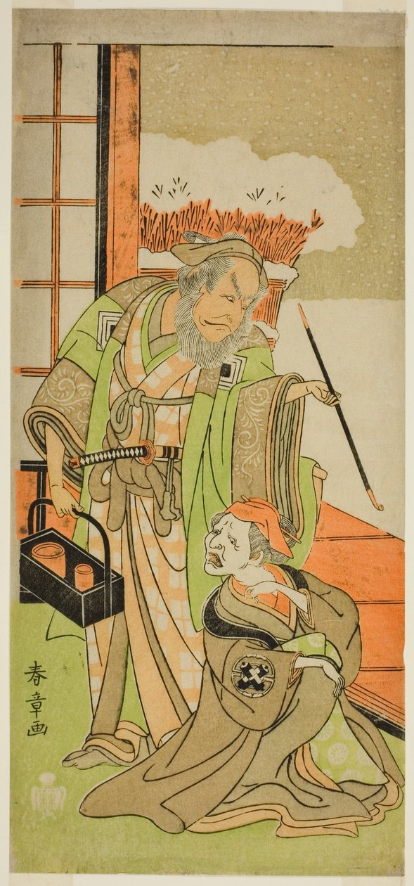 1769 年 11 月在中村剧场演出的戏剧《川流花坂前八之纪》中饰演卡拉希巴巴的中村右卫门一世（右）和饰演三鸠的市川团十郎四世（左）。 作者 胜川俊章