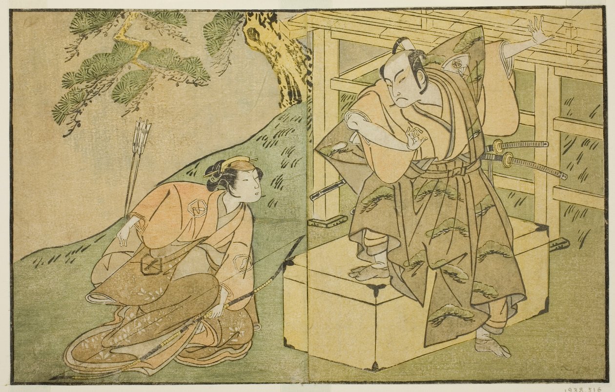 1771 年 11 月在市村剧院演出的戏剧《近野花四月之八》中饰演赤星太郎的小野江松介一世（右）和饰演城平的东东三二世（左）。 作者 胜川俊章